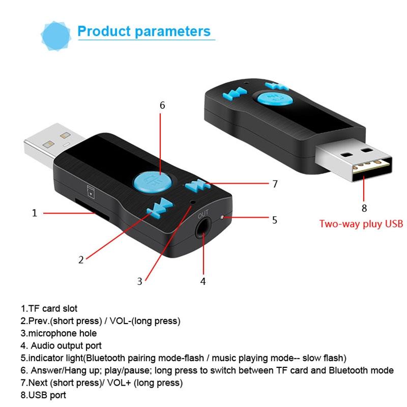 Mini Usb Bluetooth Receiver Mp3 Player With Mic & Audio Cable - Handsfree Aux Output 32Gb Sd / Tf Card Dual Usb Port 8