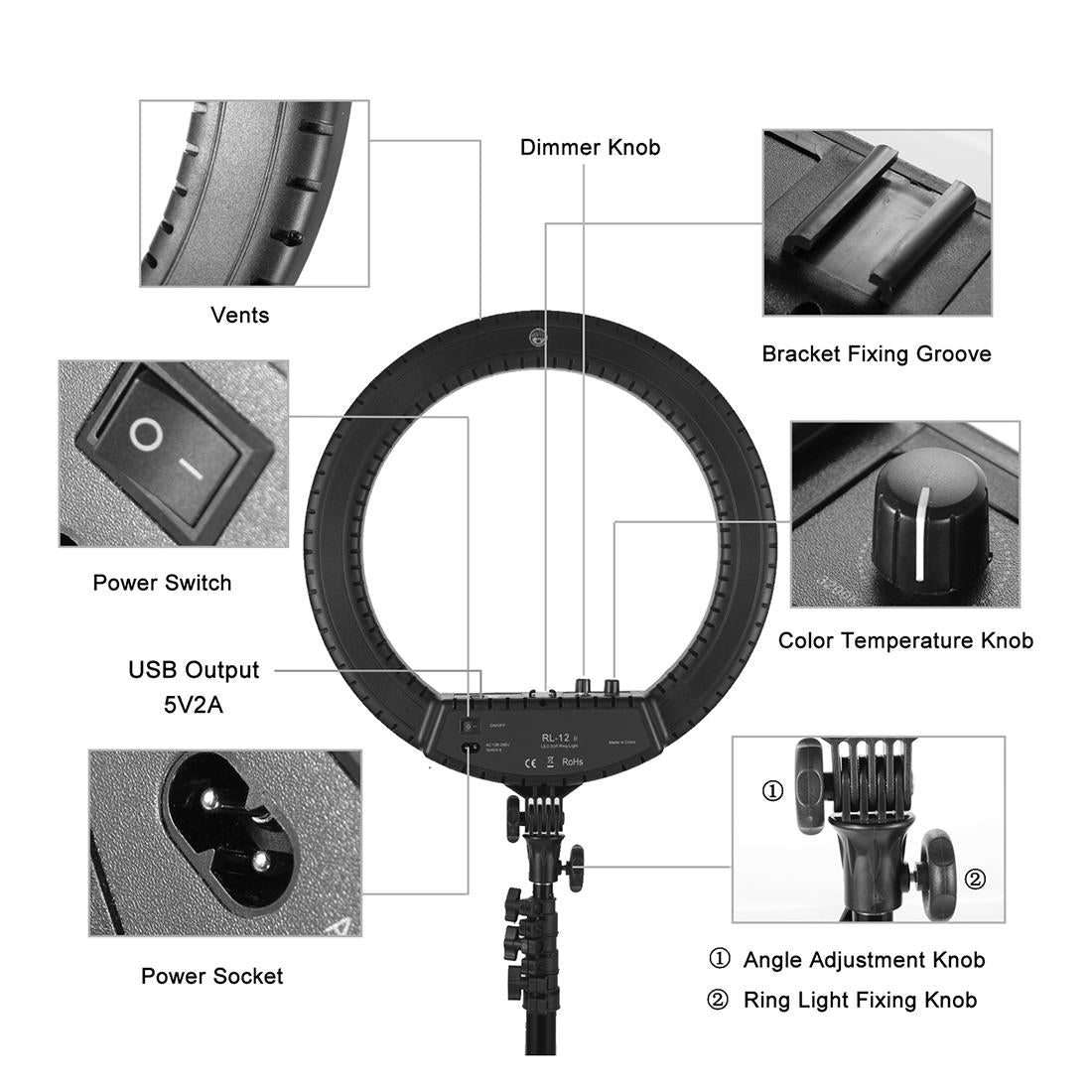 12 Two-colour Dimmable Ring Fill Light with Tripod - 28w 100-240v 9