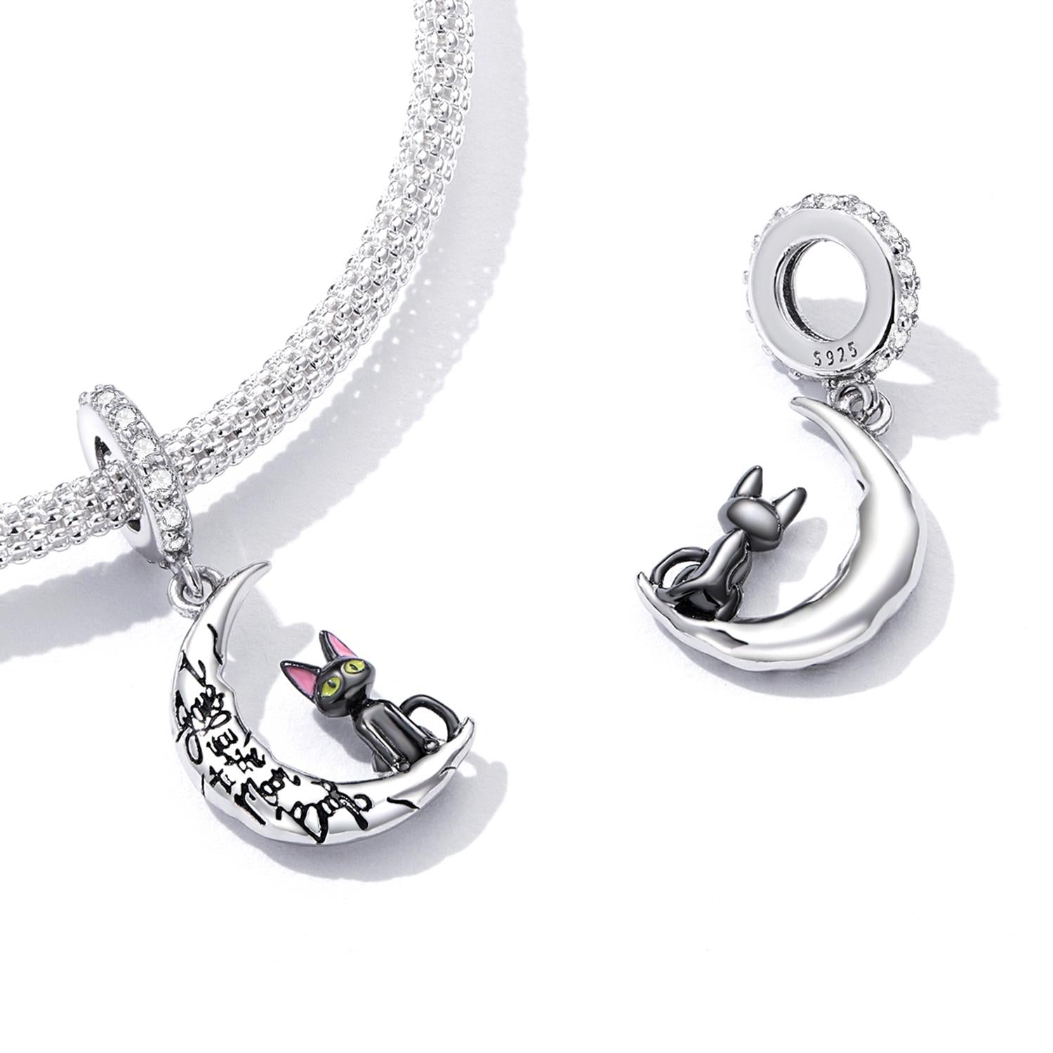 925 Sterling Silver Moon Cat Pendant For Bracelet Or Necklace 6