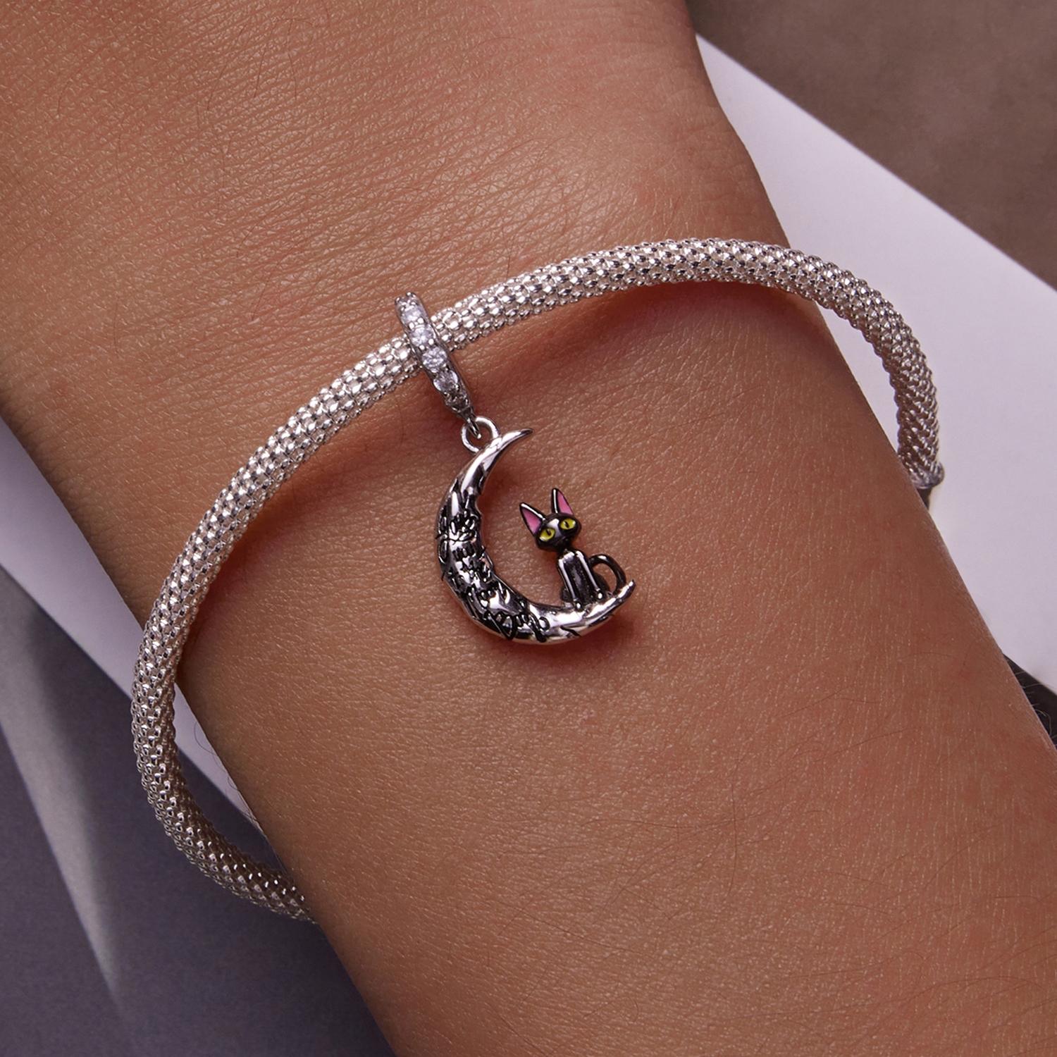 925 Sterling Silver Moon Cat Pendant For Bracelet Or Necklace 8