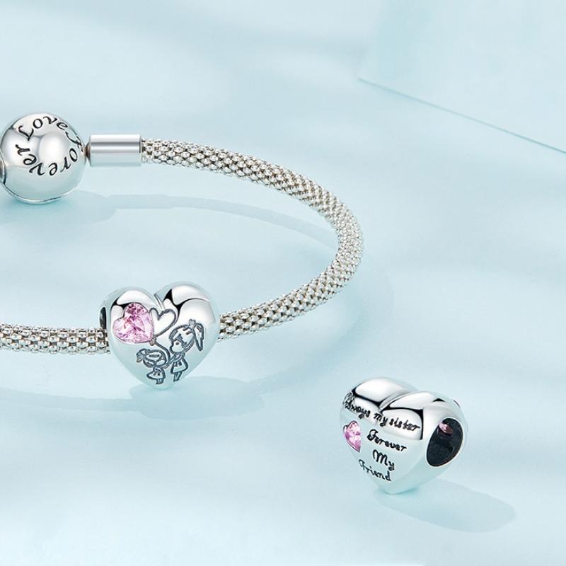 925 Sterling Silver Sisters Love Heart Zircon Bracelet 4