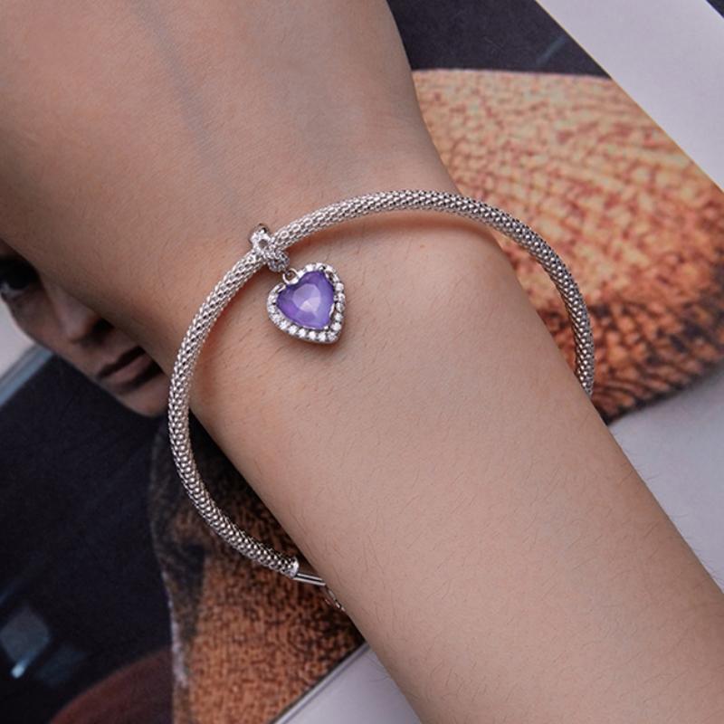 925 Sterling Silver Platinum Plated Zircon Heart Bracelet 7