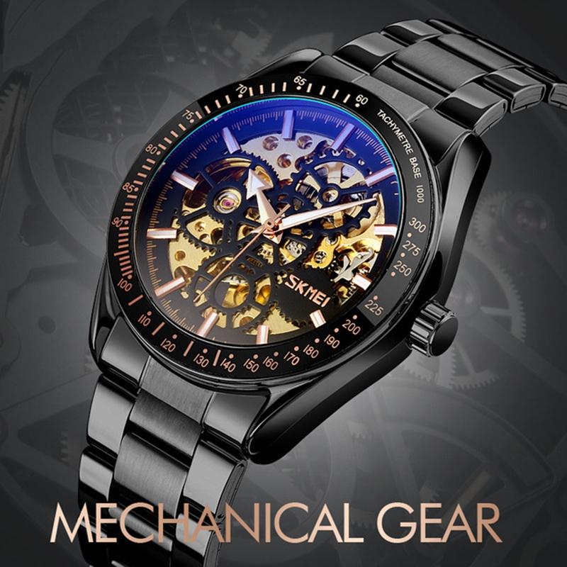 Men Automatic Skeleton Mechanical Watch with Steel Band - Black 4