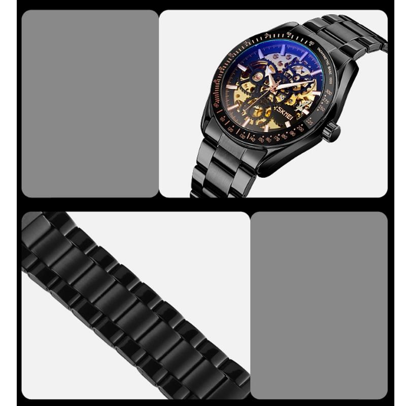 Men Automatic Skeleton Mechanical Watch with Steel Band - Black 7