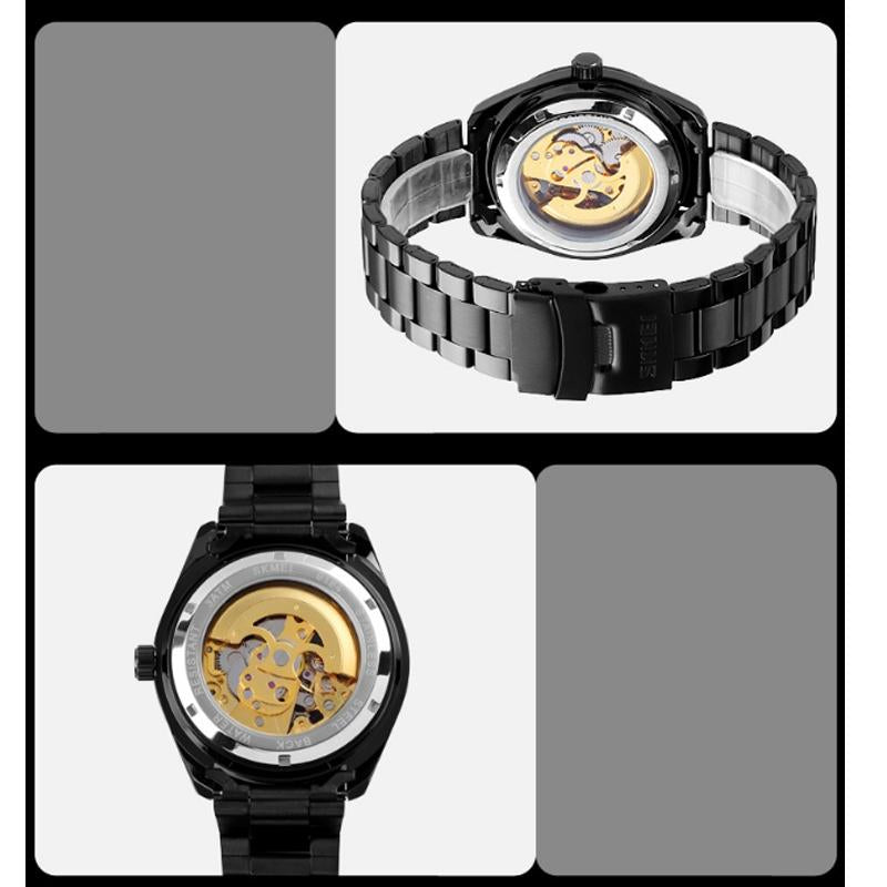 Men Automatic Skeleton Mechanical Watch with Steel Band - Black 8