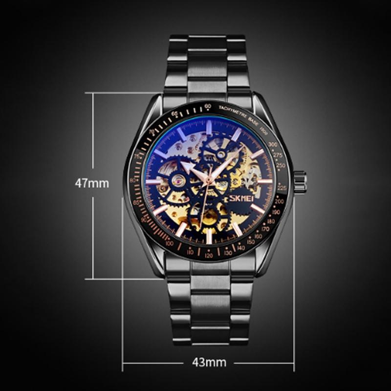 Men Automatic Skeleton Mechanical Watch with Steel Band - Black 9