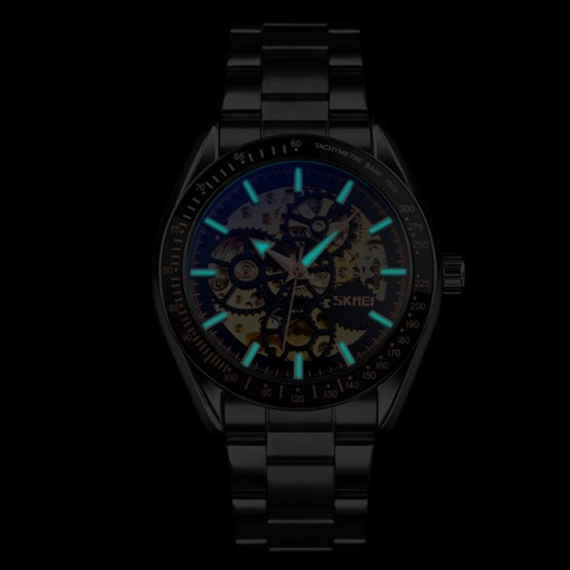 Men Automatic Skeleton Mechanical Watch with Steel Band - Black 10
