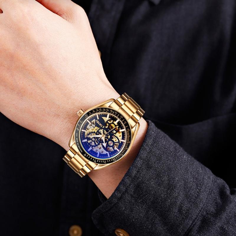 Men Automatic Skeleton Mechanical Watch with Steel Band - Black 11