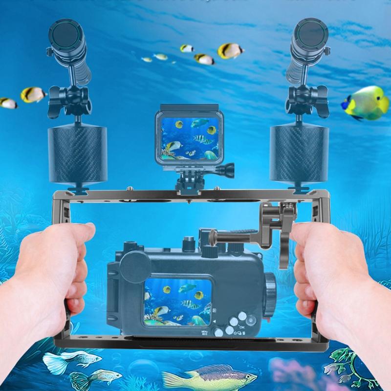 Diving Dual Handheld Grip Bracket Stabilizer Extension Phone Clamp Camera Rig Cage Underwater Case For Gopro Hero9 /8 /7 - Red 7