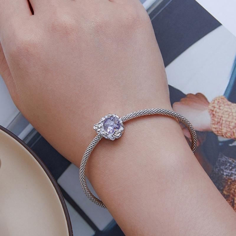 925 Sterling Silver Moon Rose Zirconia Beaded Bracelet 7