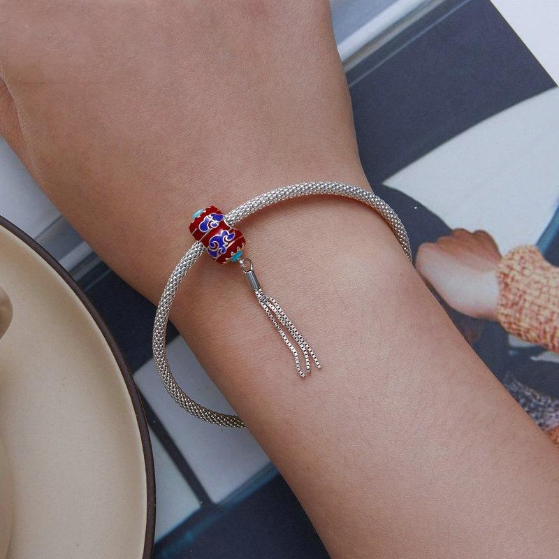 925 Sterling Silver Red Lantern Bracelet With Auspicious Clouds Bead 7