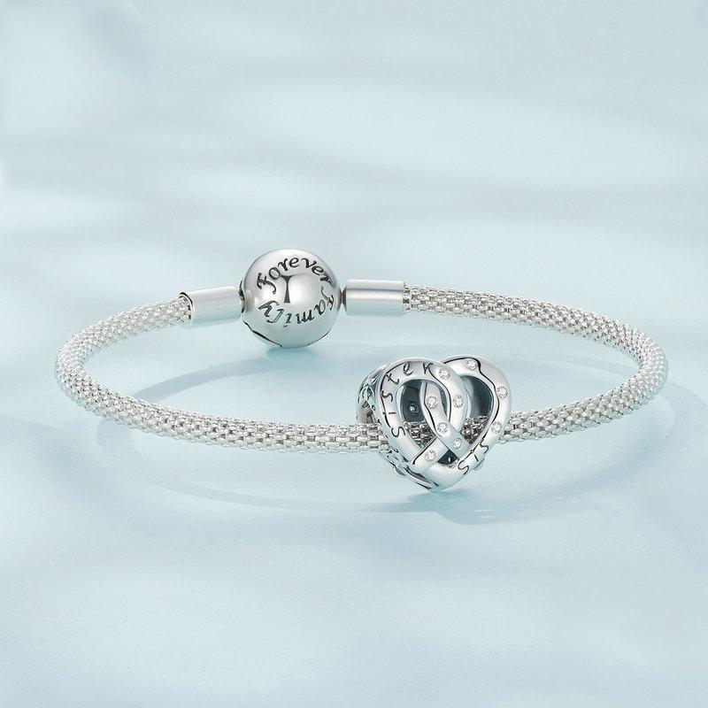 925 Sterling Silver Hollow Heart Sister Bracelet Beaded 5
