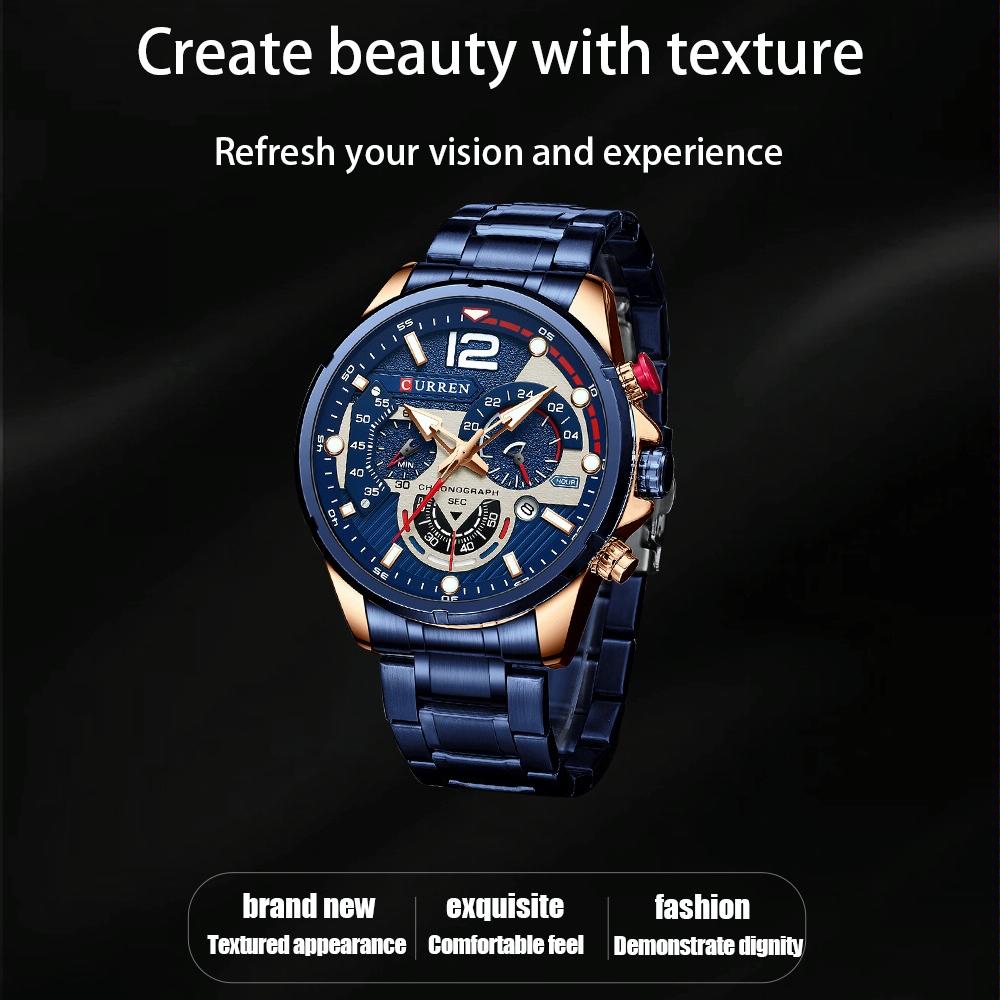 Men Quartz Watch with Six-hand Steel Strap and Calendar - Rose Shell Blue 4
