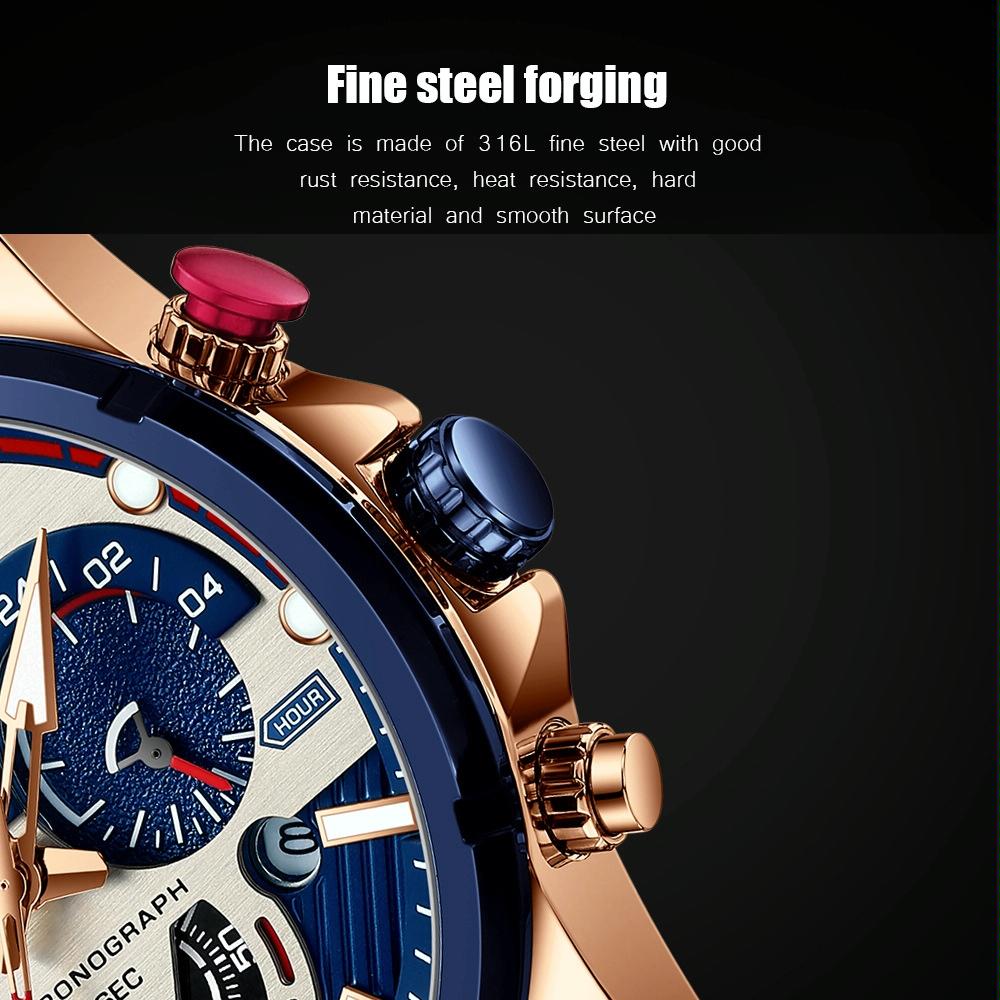 Men Quartz Watch with Six-hand Steel Strap and Calendar - Rose Shell Blue 8