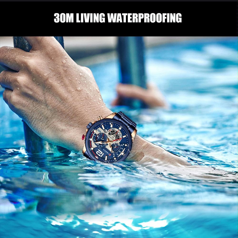Men Quartz Watch with Six-hand Steel Strap and Calendar - Rose Shell Blue 9
