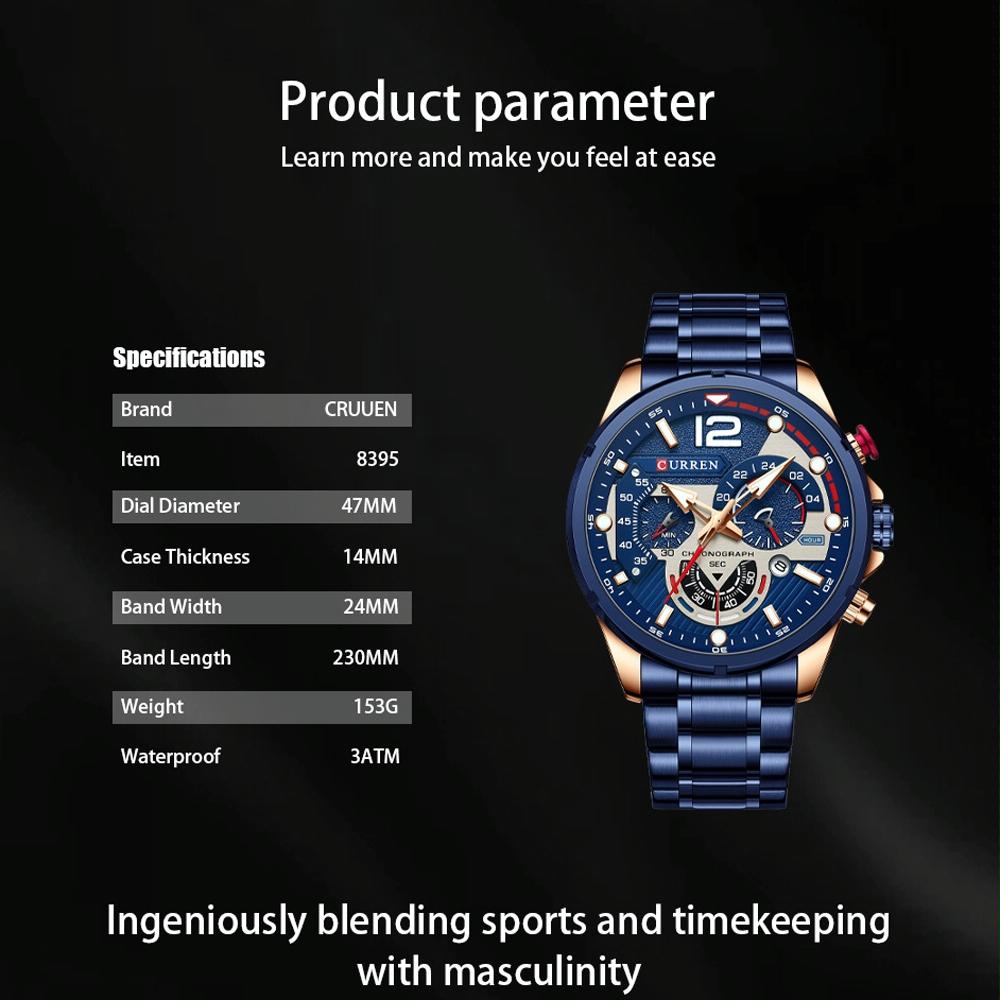 Men Quartz Watch with Six-hand Steel Strap and Calendar - Rose Shell Blue 10