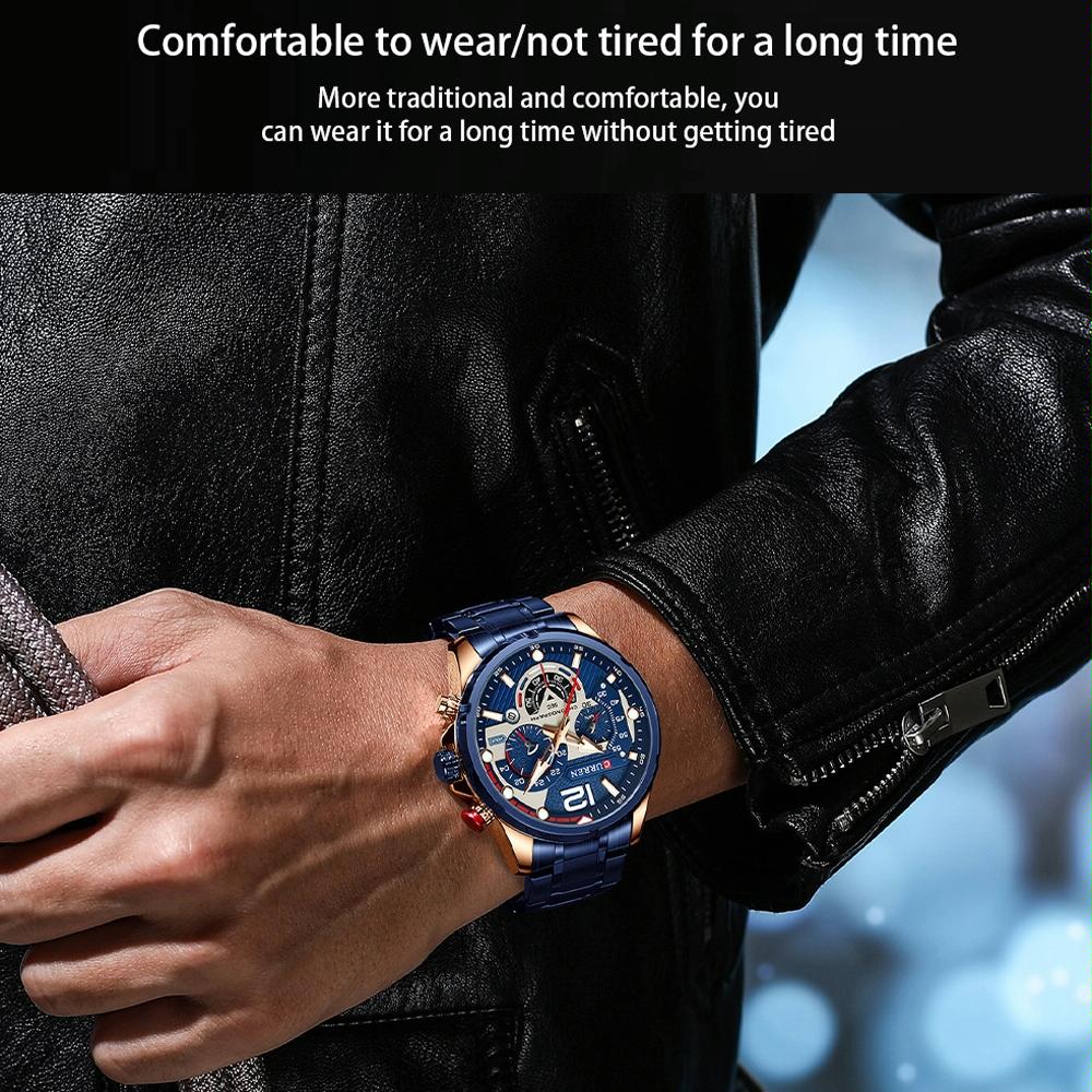 Men Quartz Watch with Six-hand Steel Strap and Calendar - Rose Shell Blue 11