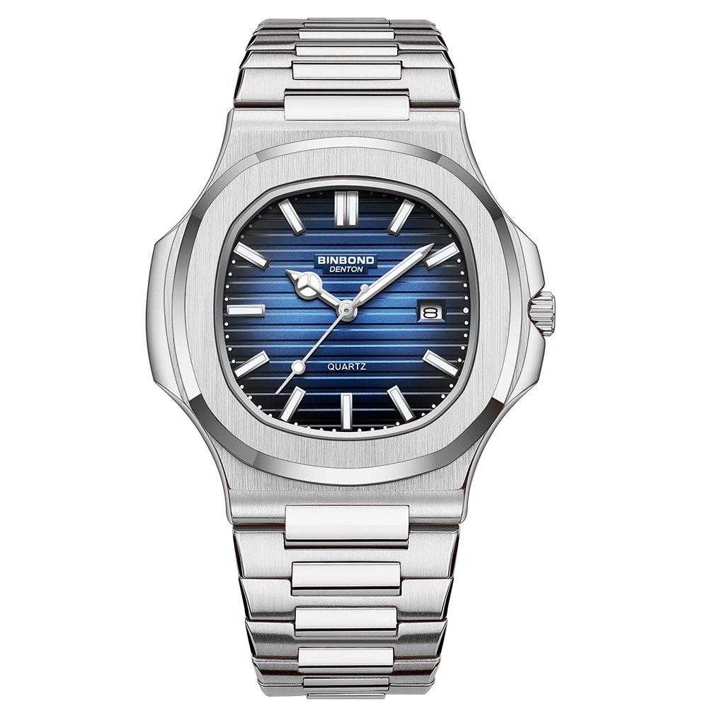 Retro Luminous Square Men Quartz Watch - 30m Waterproof - White Steel-Blue