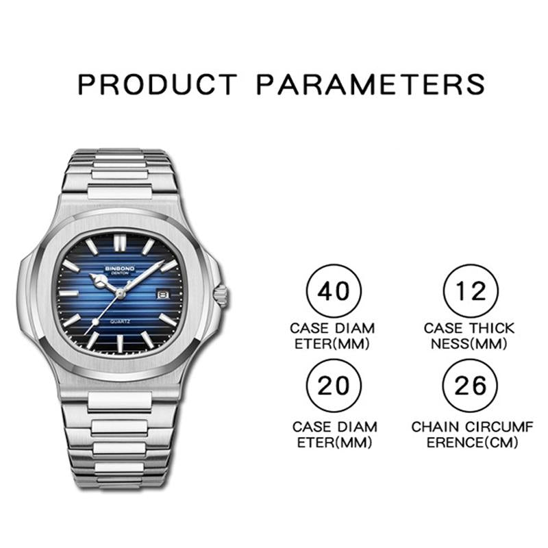 Retro Luminous Square Men Quartz Watch - 30m Waterproof - White Steel-Blue 4