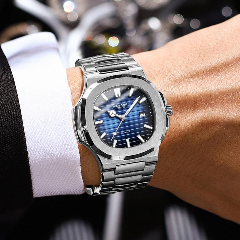 Retro Luminous Square Men Quartz Watch - 30m Waterproof - White Steel-Blue 10