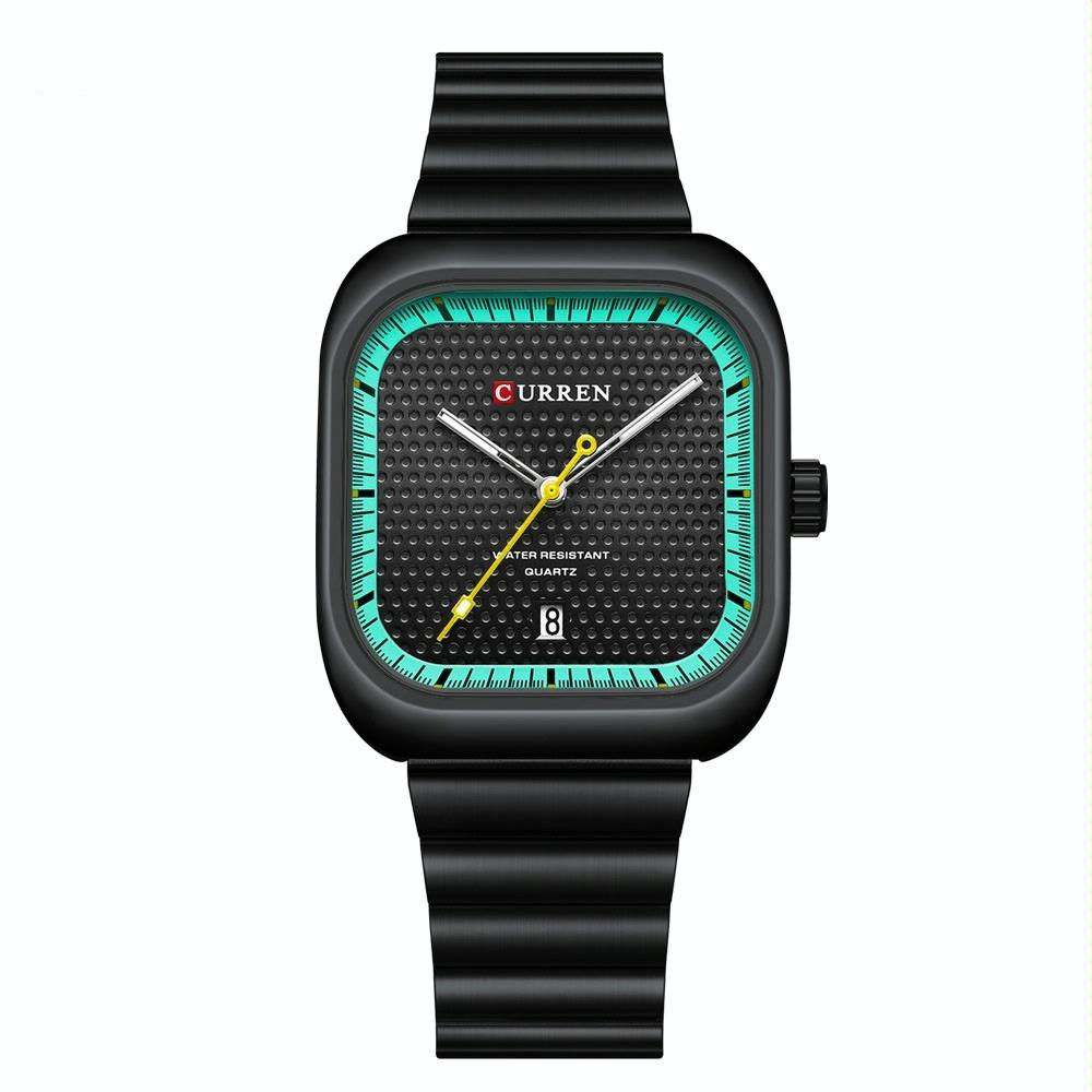 Men Square Steel Strap Quartz Watch - Casual Style - Black Shell Black