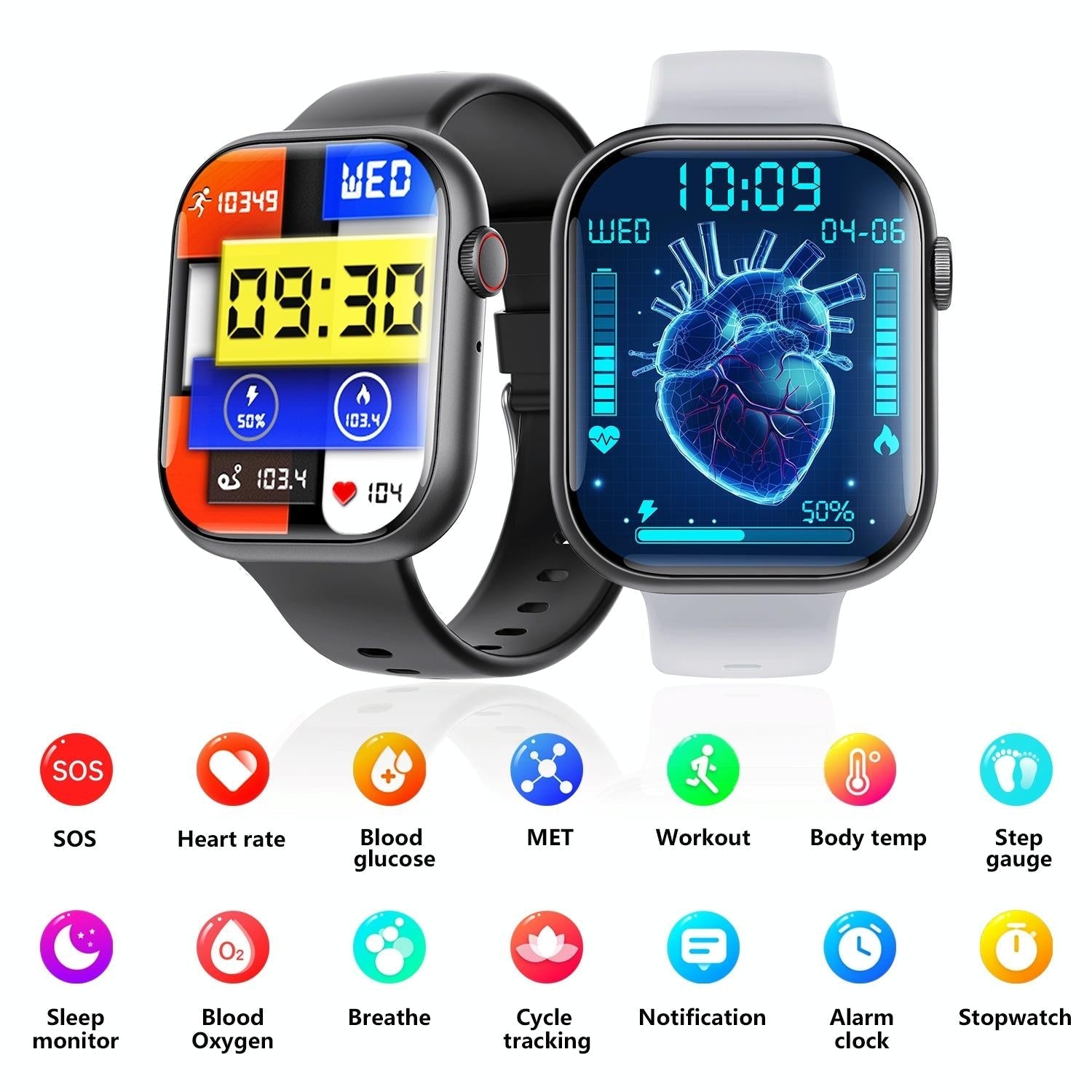 2.1 Inch Screen Smart Watch With Blood Sugar / Blood Oxygen Monitoring / Sos Alarm / 100+ Sports Modes - Black 3-Bead Steel - Black Silicone 4