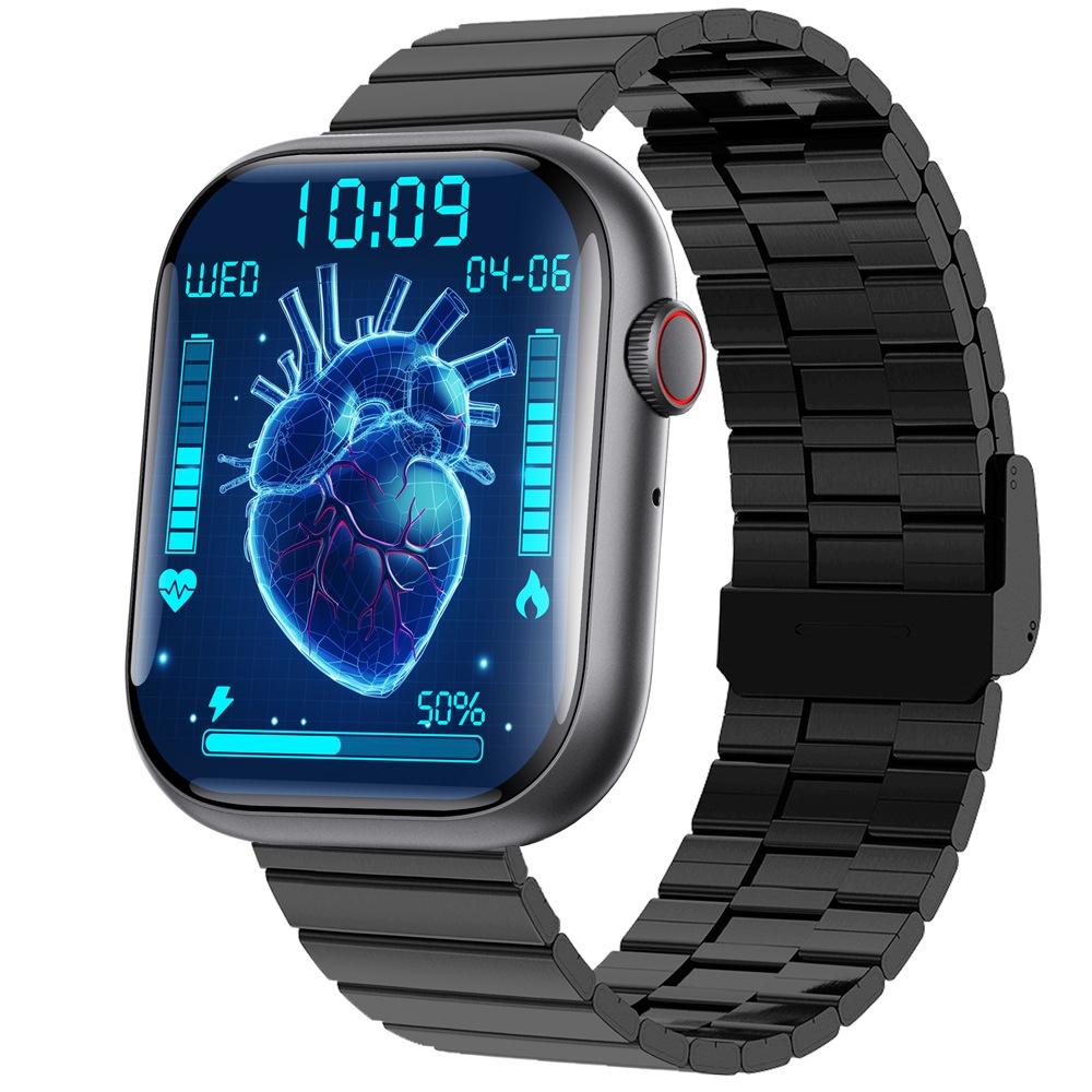 2.1 Inch Screen Smart Watch With Blood Sugar / Blood Oxygen Monitoring / Sos Alarm / 100+ Sports Modes - Black 3-Bead Steel - Black Silicone 14