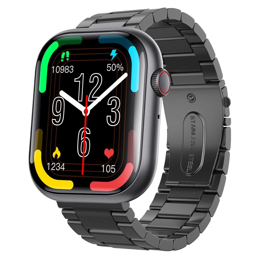 2.1 Inch Screen Smart Watch With Blood Sugar / Blood Oxygen Monitoring / Sos Alarm / 100+ Sports Modes - Black 3-Bead Steel - Black Silicone 15
