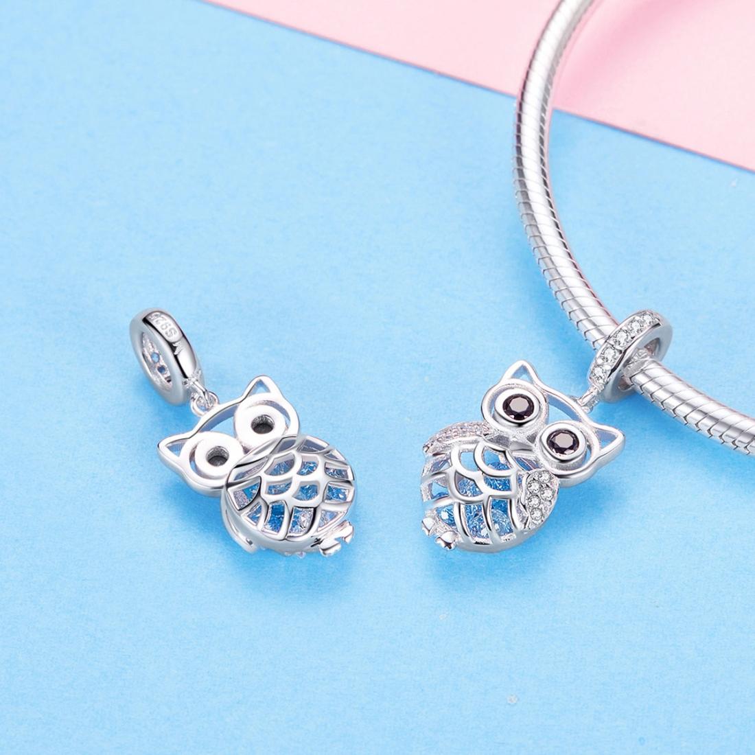 925 Sterling Silver Blue Zircon Owl Pendant For Diy Bracelets Movable Style - Pendant 7