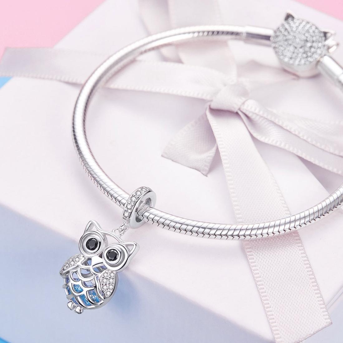 925 Sterling Silver Blue Zircon Owl Pendant For Diy Bracelets Movable Style - Pendant 8