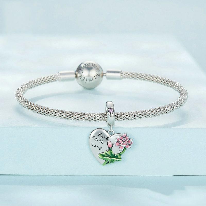 925 Sterling Silver Lotus Flower Love Zirconia Bracelet Charm 4