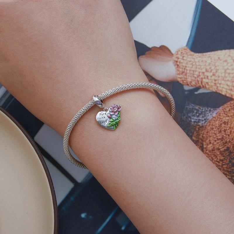 925 Sterling Silver Lotus Flower Love Zirconia Bracelet Charm 6