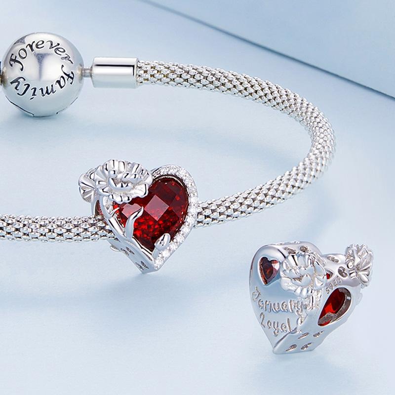 925 Sterling Silver Birthstone Bracelet With Love Pearl Beads January Style - January 6