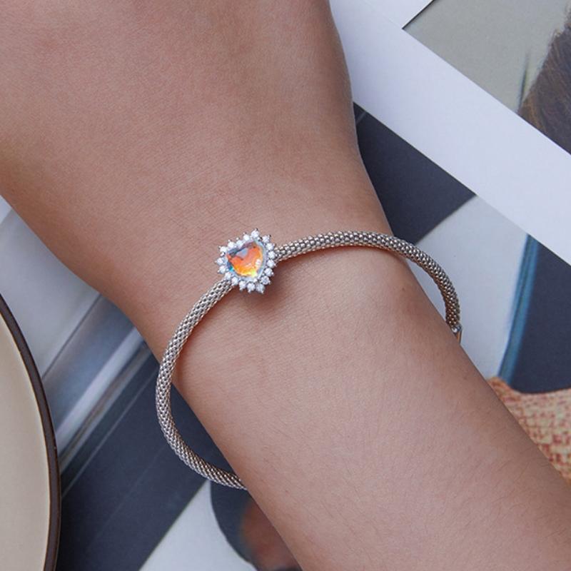 925 Sterling Silver Heart Charm Glass Bead Bracelet 7