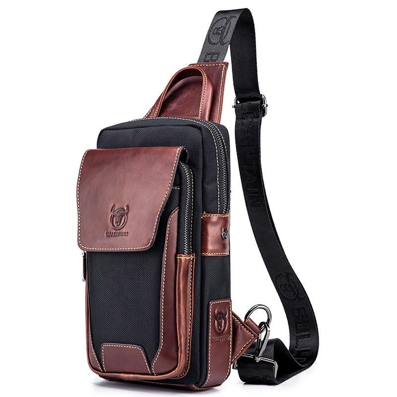 Leather Men Chest Bag Casual Shoulder Bag Brown