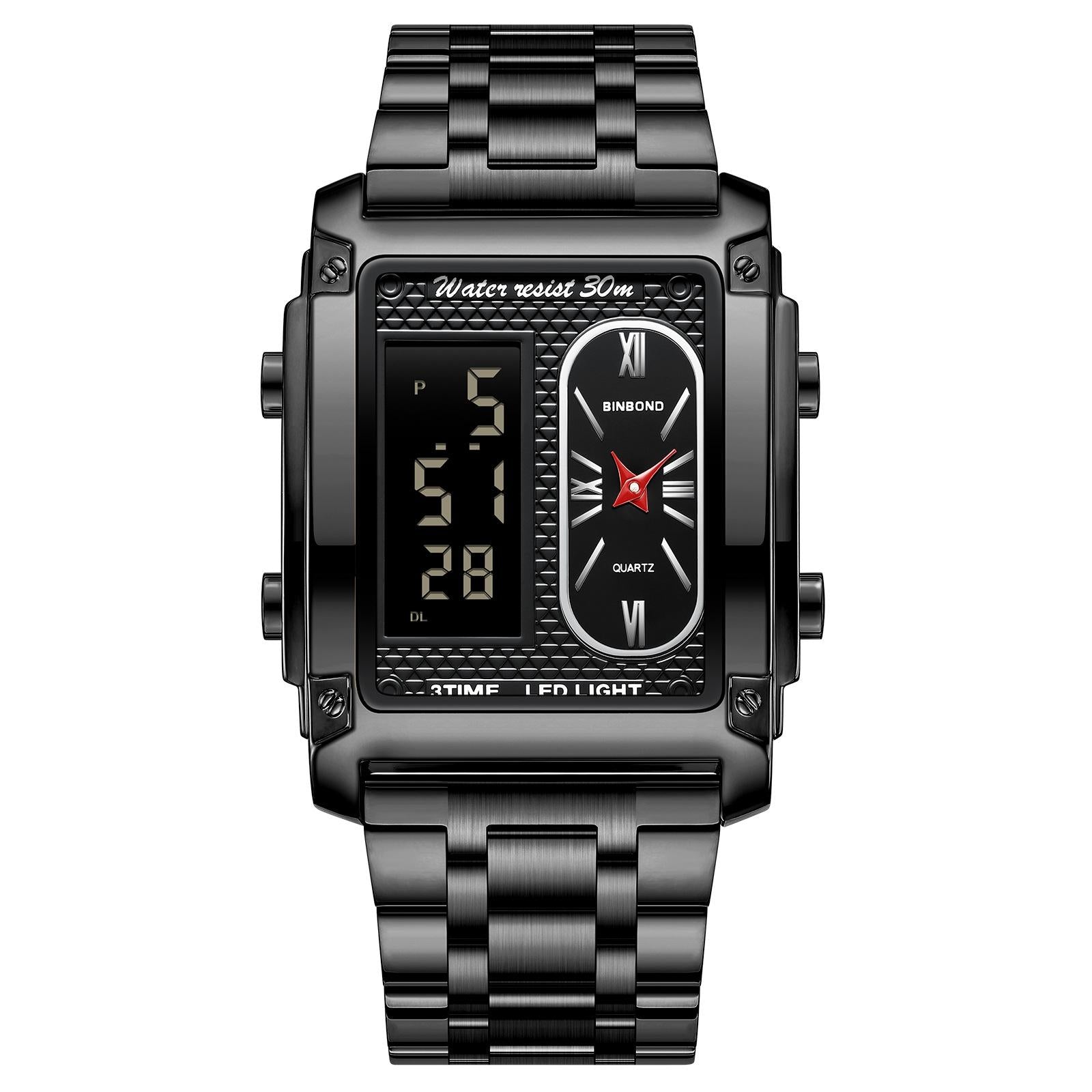 Waterproof Men Led Quartz Watch - Multifunctional Luminous - Black Steel-Black