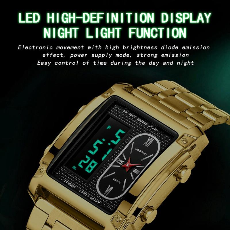 Waterproof Men Led Quartz Watch - Multifunctional Luminous - Black Steel-Black 6