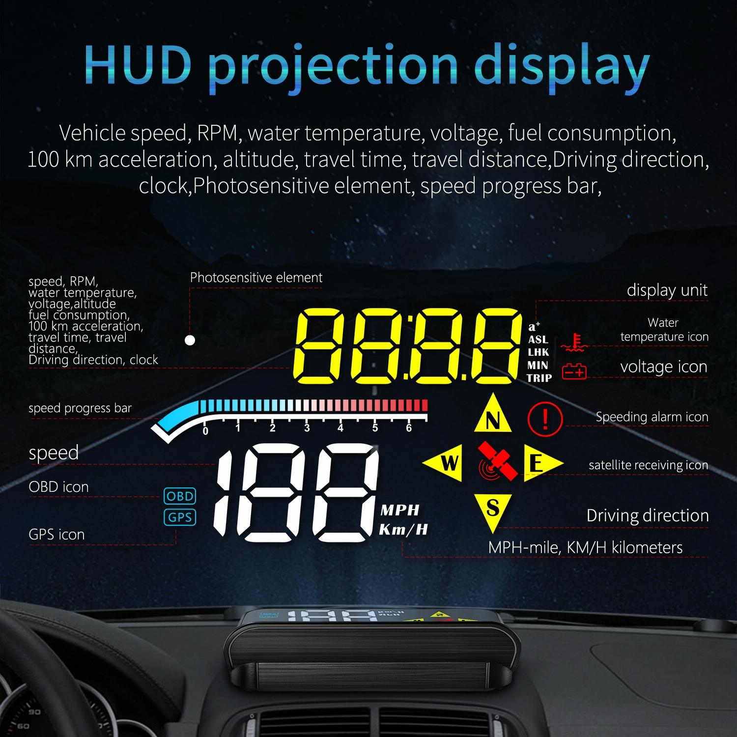 Car Hud Head Up Display Gps Speed Meter Obd2 Diagnostic Tool 4