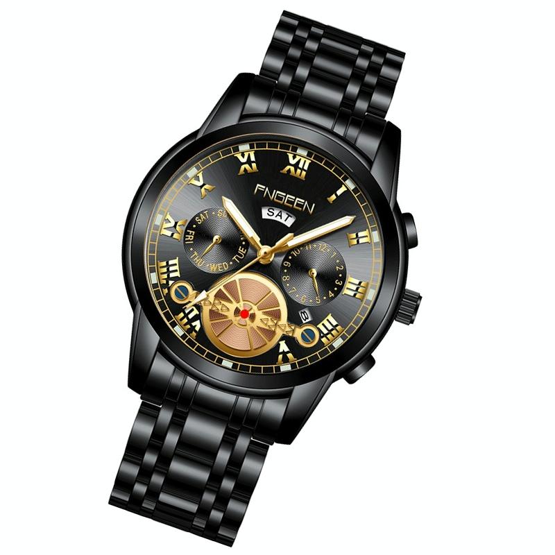 Men Multi-function Quartz Watch - Black Steel with Gold Accents 3