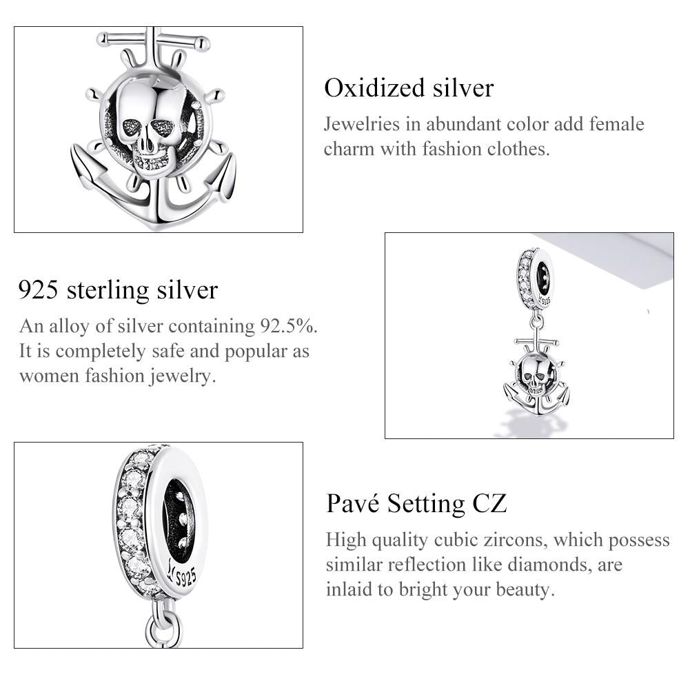 925 Sterling Silver Pirate Skull Pendant For Bracelet Or Necklace 5