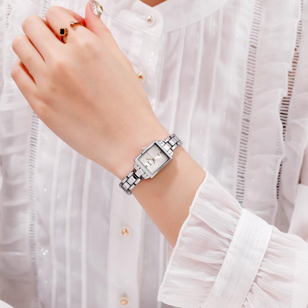 Elegant Square Quartz Watch for Women with Diamonds - Silvery 3