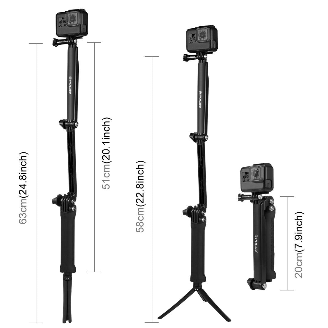 Foldable 3-way Tripod Selfie Stick for Action Cameras - 20-58cm Length 7