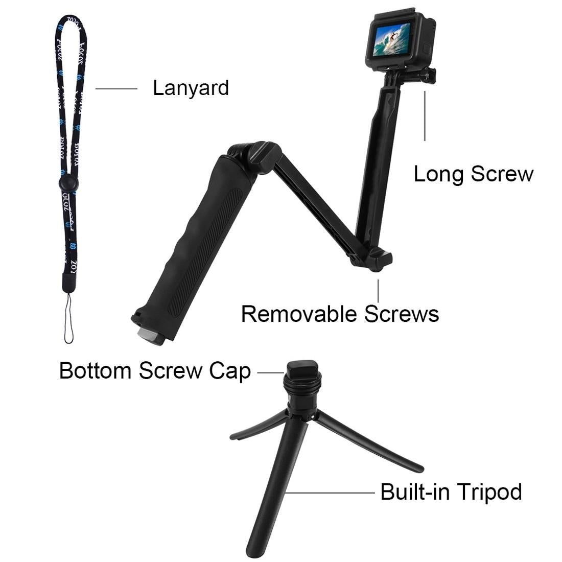 Foldable 3-way Tripod Selfie Stick for Action Cameras - 20-58cm Length 9