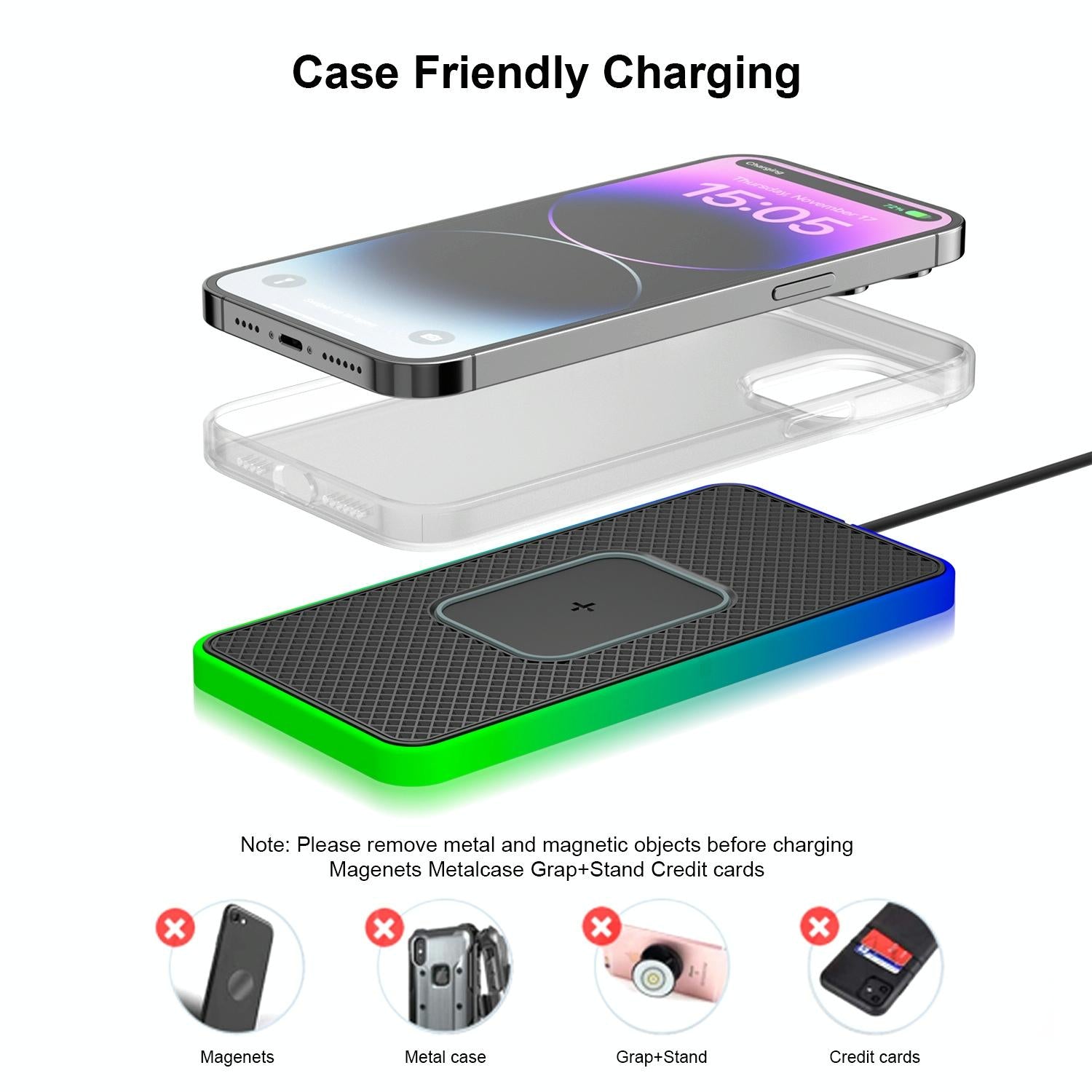 15w 2-in-1 Car Wireless Charger with Non-slip Mat and Colourful Light - 0.3m Usb Cable - Usb-C/Type-C Cable 1M 4