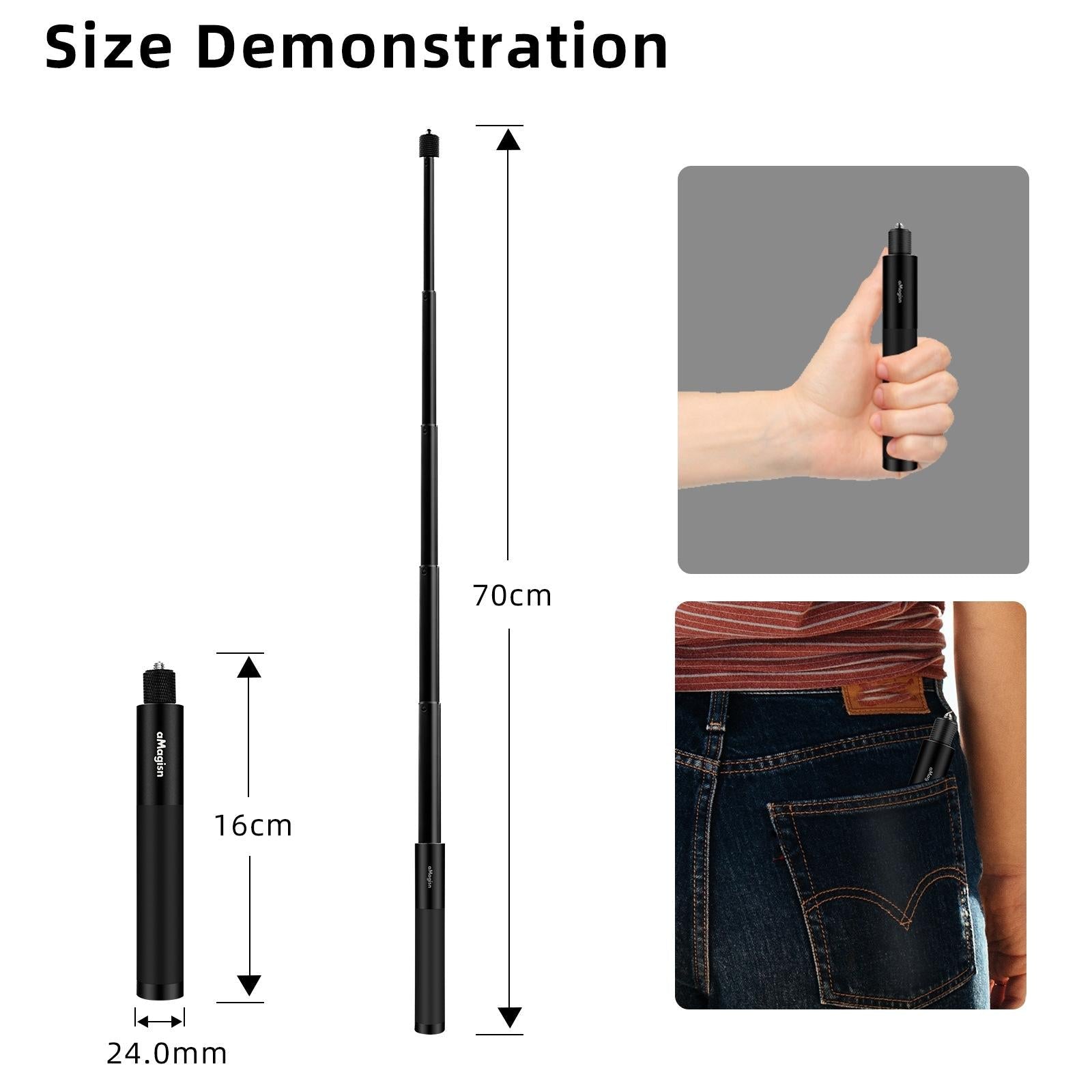 70cm Straight Pull Selfie Stick for Sports Cameras with 3 Jaw Screw - Rod+1/4 Turn 3 Jaw+Screw 4