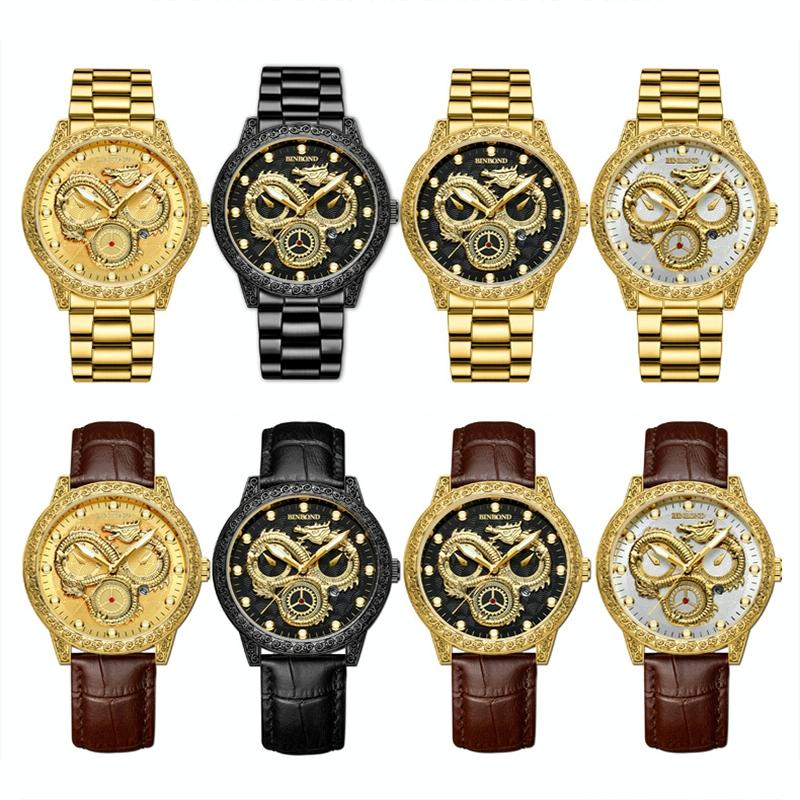 Dragon Embossed Luminous Waterproof Watch - Quartz - Full-Gold Black 3