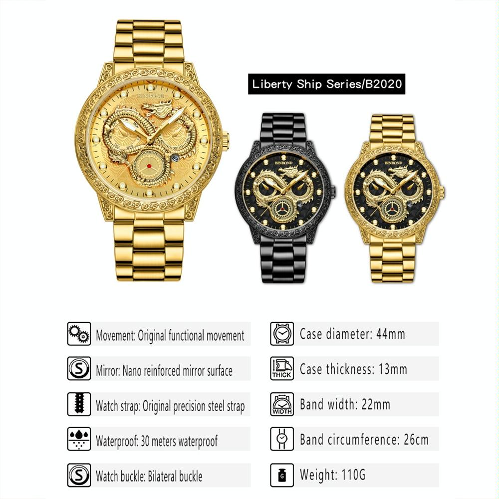 Dragon Embossed Luminous Waterproof Watch - Quartz - Full-Gold Black 4