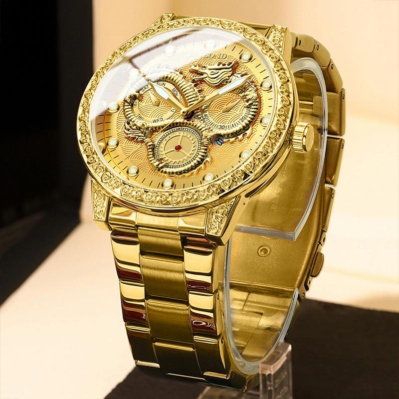 Dragon Embossed Luminous Waterproof Watch - Quartz - Full-Gold Black 5