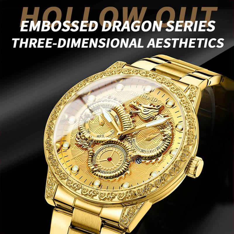 Dragon Embossed Luminous Waterproof Watch - Quartz - Full-Gold Black 7