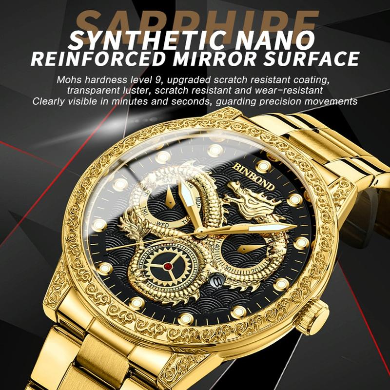 Dragon Embossed Luminous Waterproof Watch - Quartz - Full-Gold Black 8